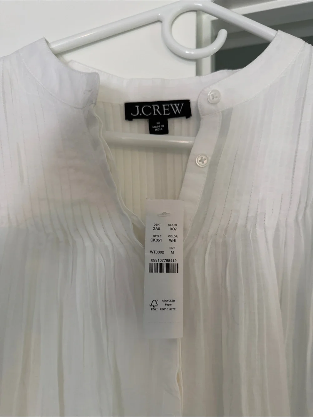 J. Crew White Cotton Pintuck & Eyelet Short Sleeve Blouse